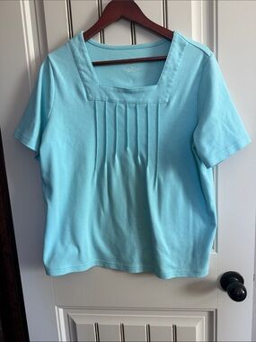 Light Blue Square Neck Pleated Women's Top